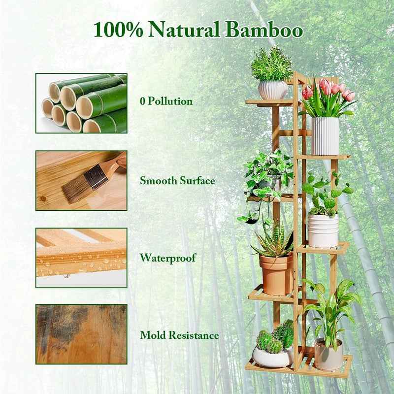 DolceLuna Plant Stand Indoor Corner, Tiered Bamboo Plant Shelf 46 Inch Tall, Plant Rack 6 Tier for Multiple Small Plants, Flower Holders for Living Room Bedroom Window Patio Balcony, Natural - Image 3